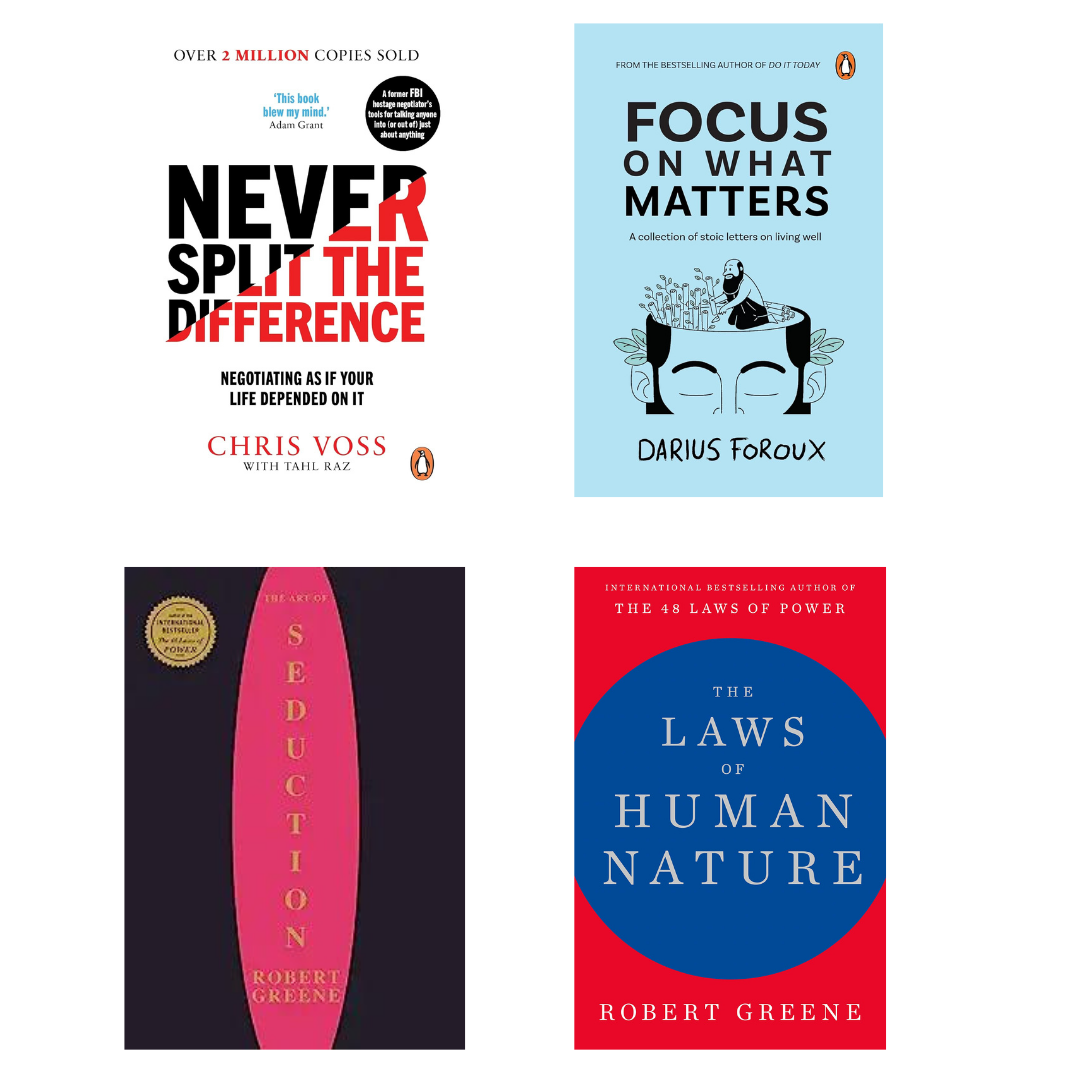 Buy Combo- Never Split the Difference + Focus on What Matters + The Art Of Seduction + The Laws of Human Nature (paperback)