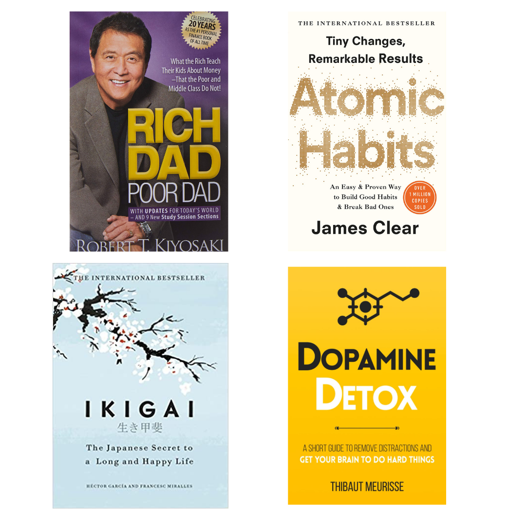 Buy Combo- Rich dad poor dad + Atomic Habits + Ikigai + Dopamine Detox (paperback)