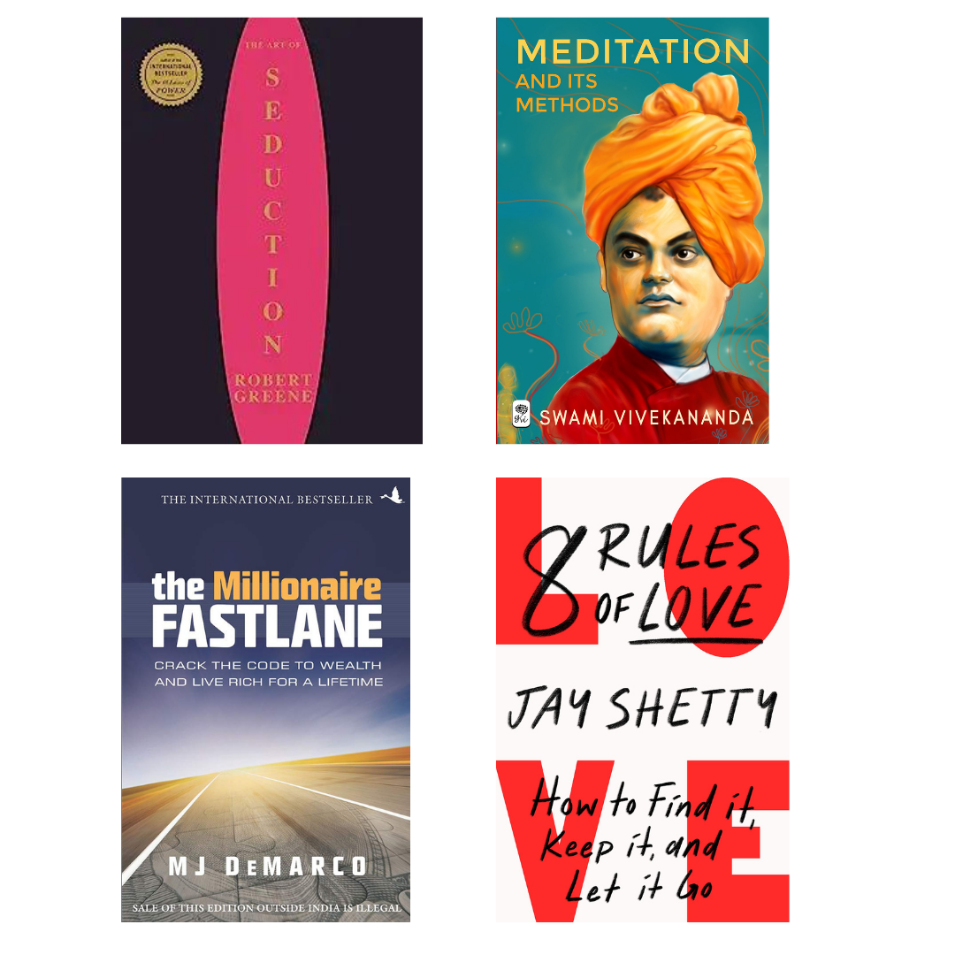 Buy Combo- The Art Of Seduction +  Meditation and its Methods + The Millionaire Fastlane + 8 Rules Of Love (paperback)