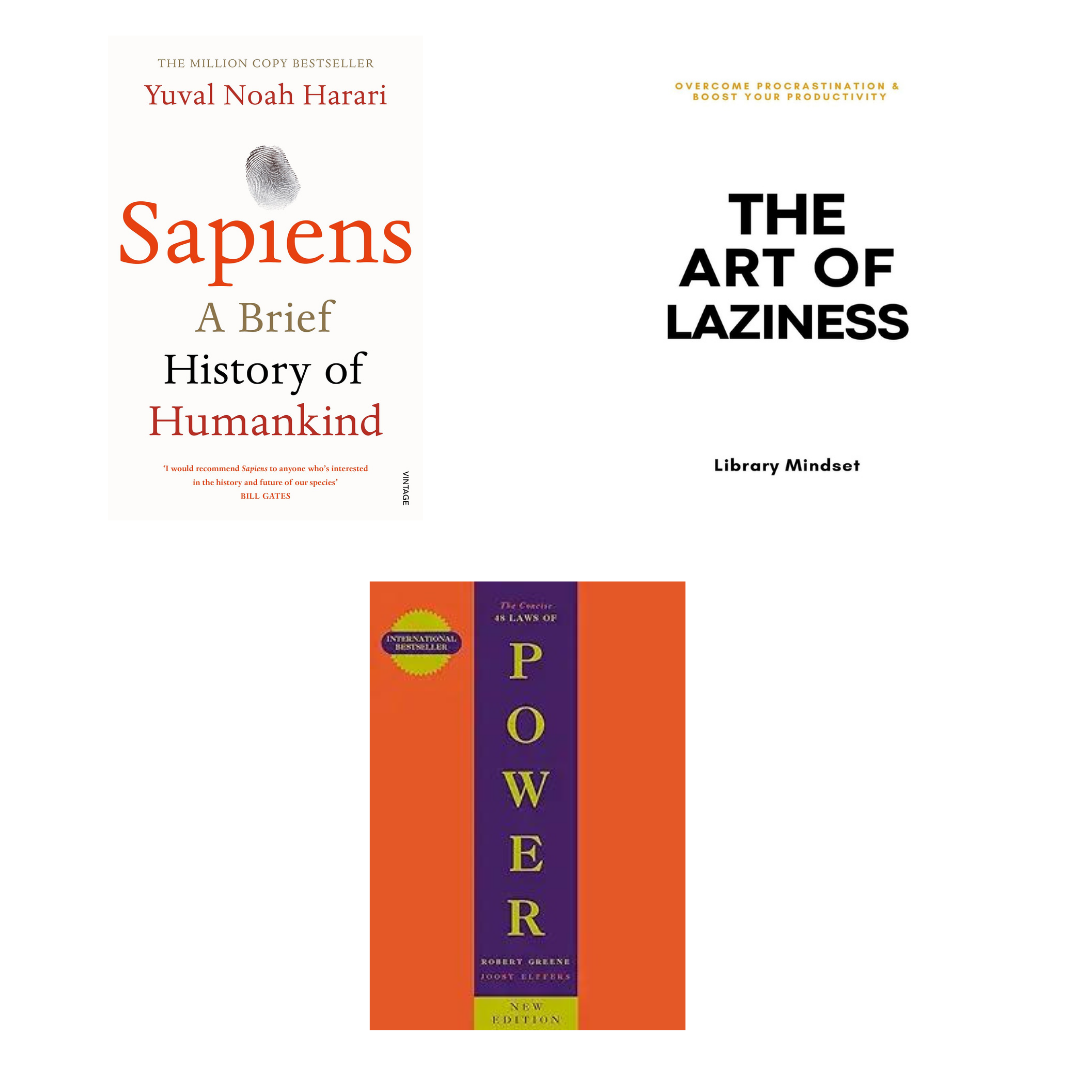 Buy Combo- Sapiens A Brief History of Humankind + The Art of Laziness + The Concise 48 Laws of Power (paperback)